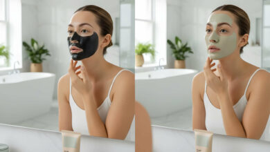 A split-image compares a woman using charcoal and clay face masks in a bright bathroom.