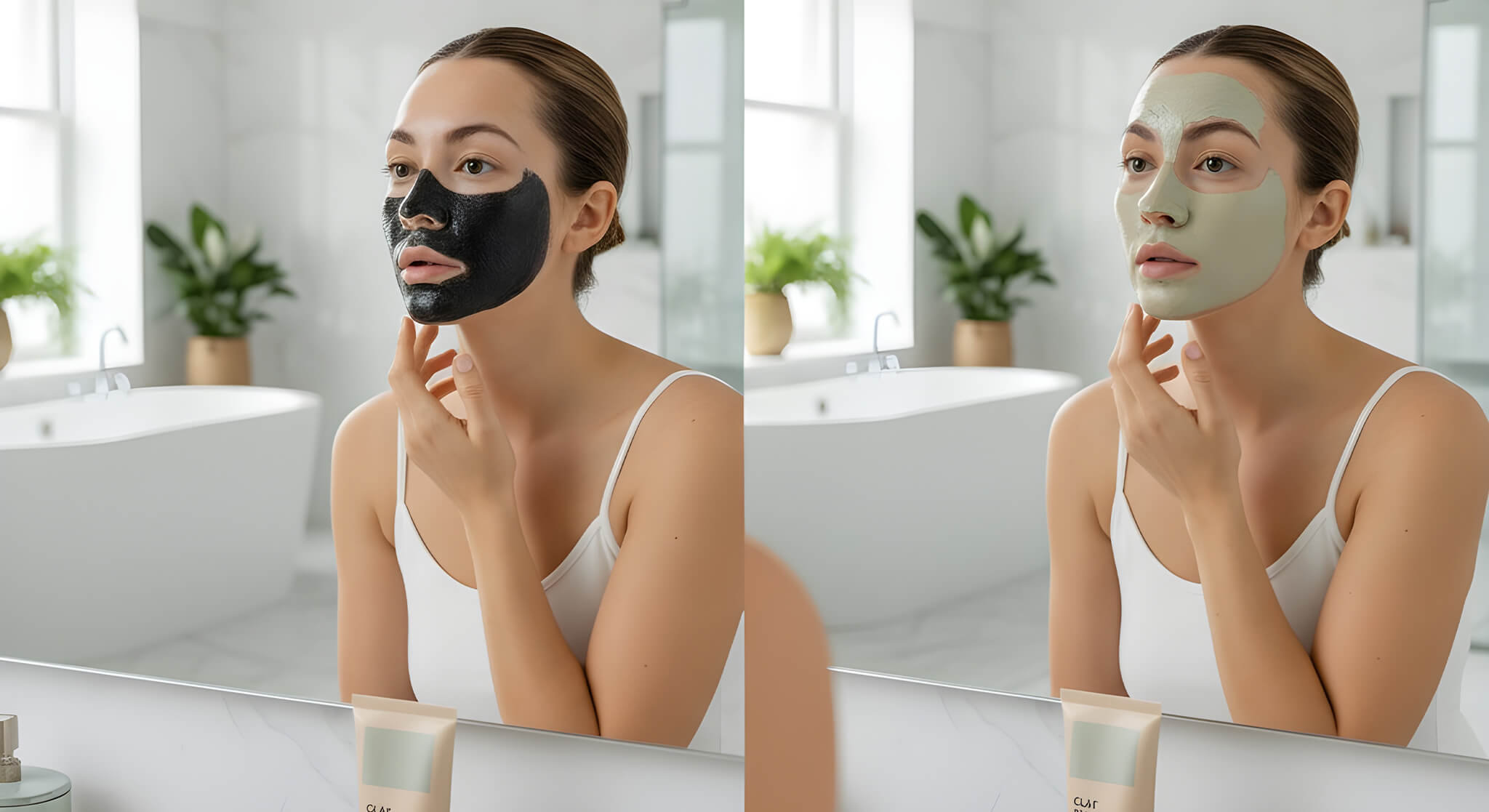 A split-image compares a woman using charcoal and clay face masks in a bright bathroom.