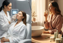 a woman in a spacious room, thoughtfully comparing a clinical treatment area (suggesting PRP) on one side with a comprehensive at-home care routine setup on the other.