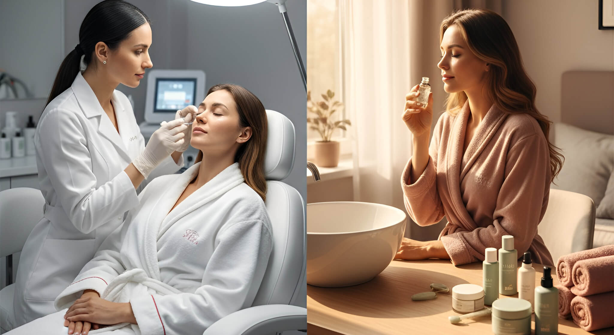 a woman in a spacious room, thoughtfully comparing a clinical treatment area (suggesting PRP) on one side with a comprehensive at-home care routine setup on the other.