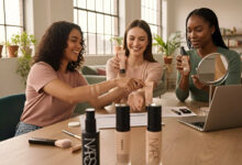 a woman in a bright, modern room, comparing 3 popular tinted moisturizers (NARS, Laura Mercier, Fenty) swatched on her arm, with a laptop open to a comparison chart.