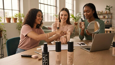 a woman in a bright, modern room, comparing 3 popular tinted moisturizers (NARS, Laura Mercier, Fenty) swatched on her arm, with a laptop open to a comparison chart.