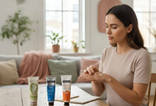 a woman in a bright room comparing 3 popular hand creams, including L'Occitane and Neutrogena, to find the best one for preventing cracks in her hands.