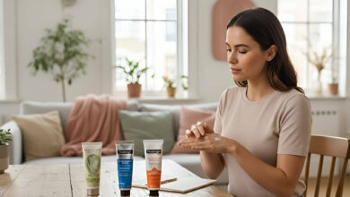 a woman in a bright room comparing 3 popular hand creams, including L'Occitane and Neutrogena, to find the best one for preventing cracks in her hands.