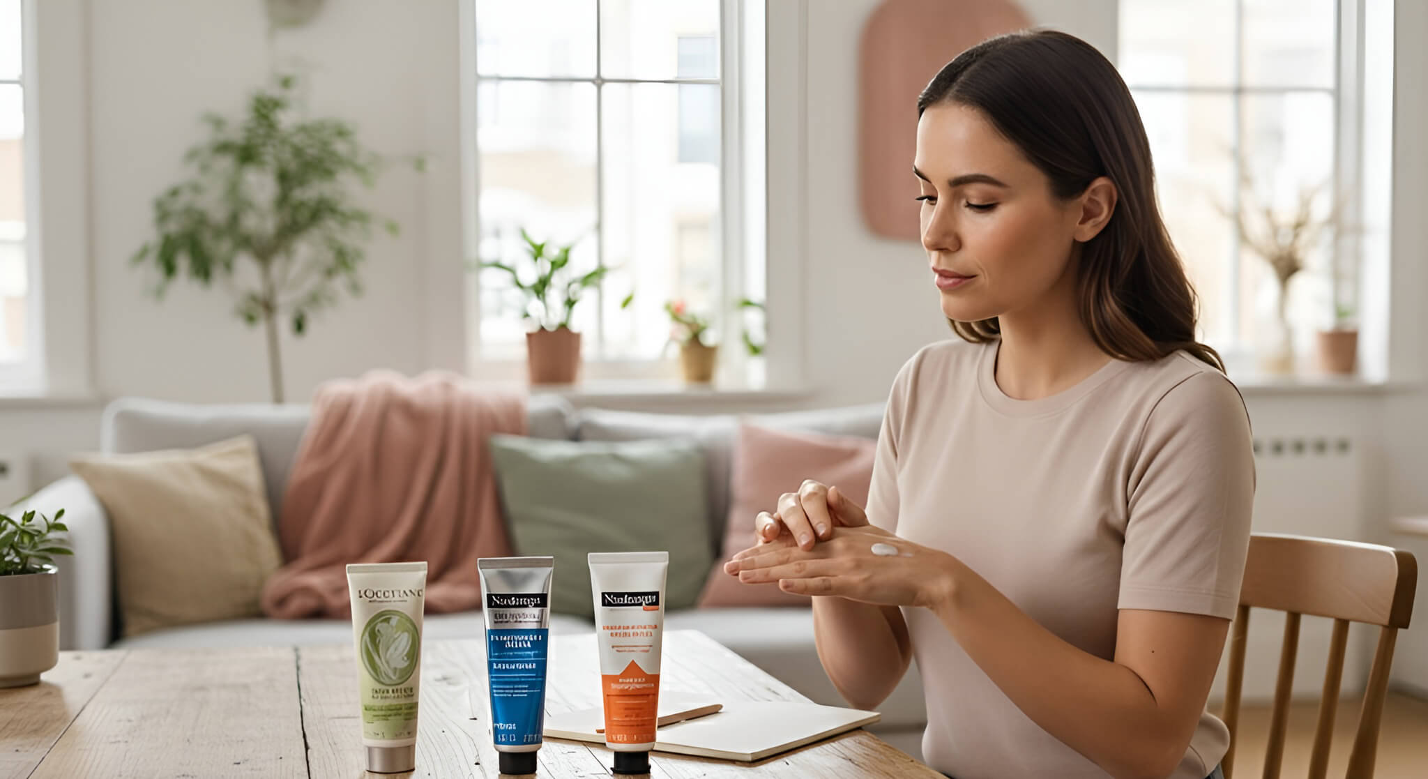 a woman in a bright room comparing 3 popular hand creams, including L'Occitane and Neutrogena, to find the best one for preventing cracks in her hands.