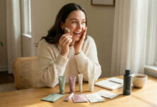 woman testing a skincare sample vial against her cheek, surrounded by various trial-size tubes and sachets in sage green and dusty rose tones on a sunlit wooden table