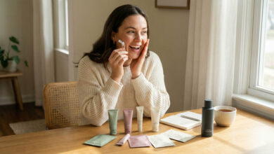 woman testing a skincare sample vial against her cheek, surrounded by various trial-size tubes and sachets in sage green and dusty rose tones on a sunlit wooden table