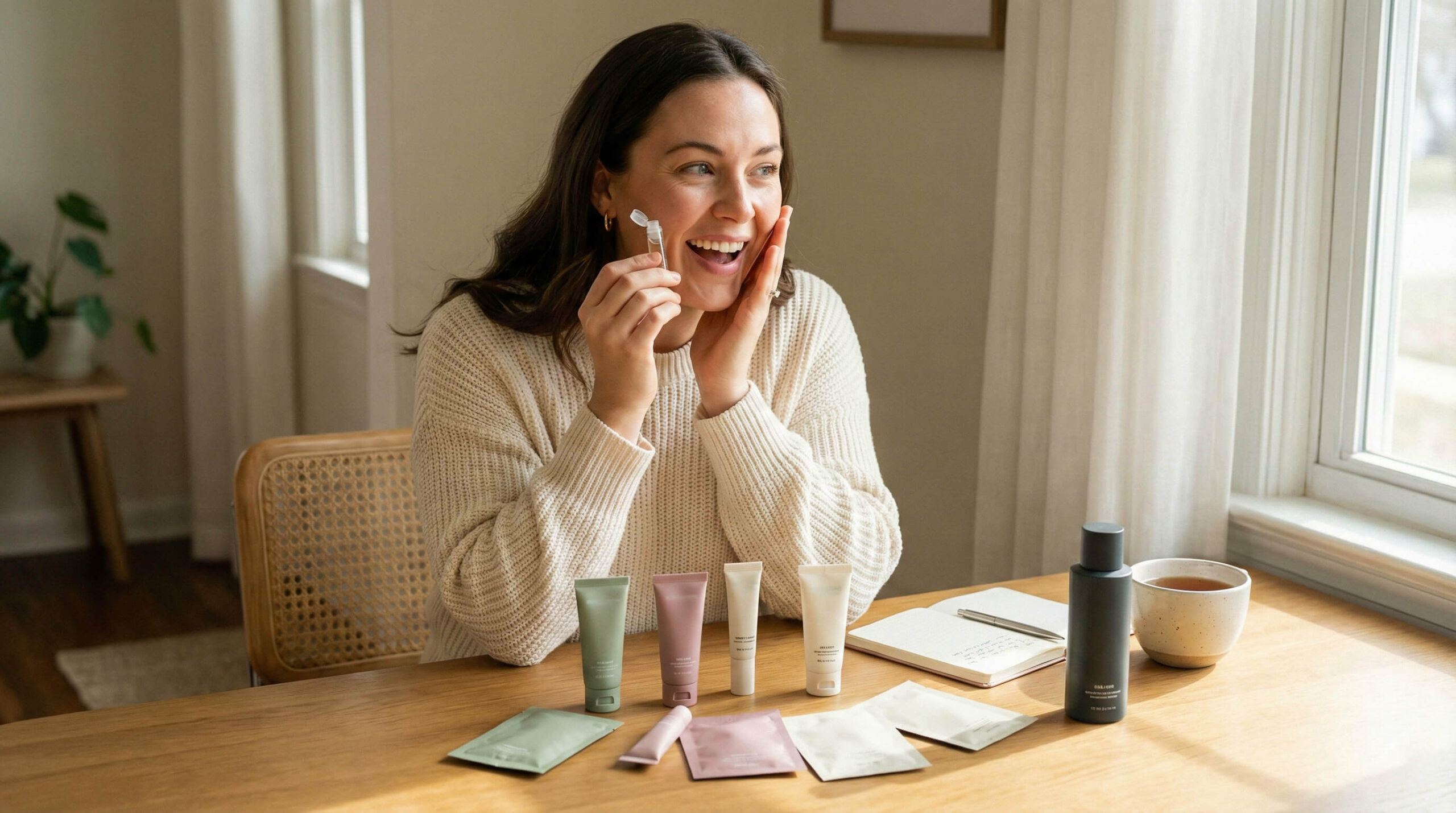 woman testing a skincare sample vial against her cheek, surrounded by various trial-size tubes and sachets in sage green and dusty rose tones on a sunlit wooden table