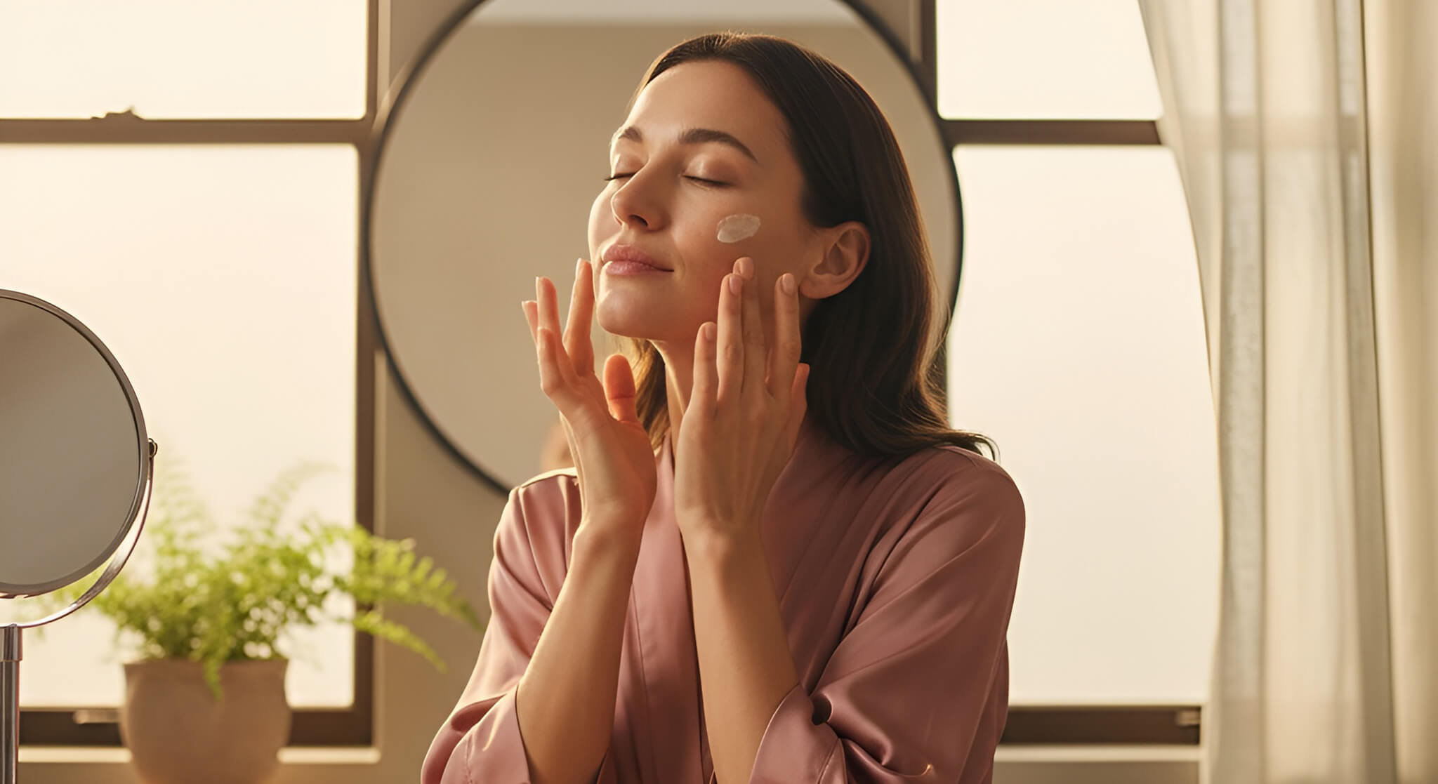 A serene woman applying face cream in a sunlit room, following a 3-step skin prep guide to protect her skin from the effects of daylight savings 2025.