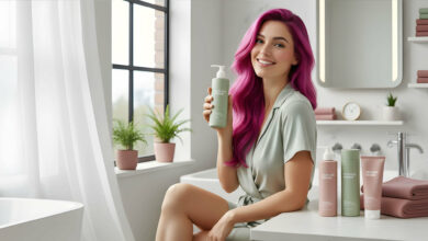 A serene woman applies serum to her clear skin in a bright, modern bathroom.