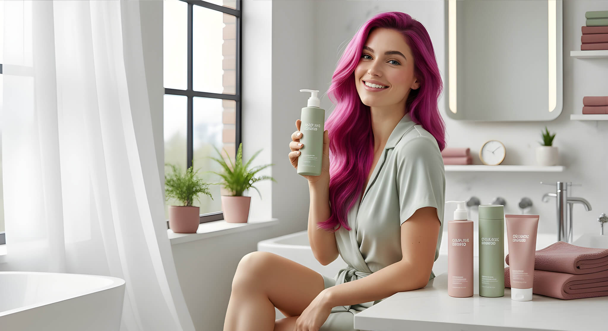 A serene woman applies serum to her clear skin in a bright, modern bathroom.