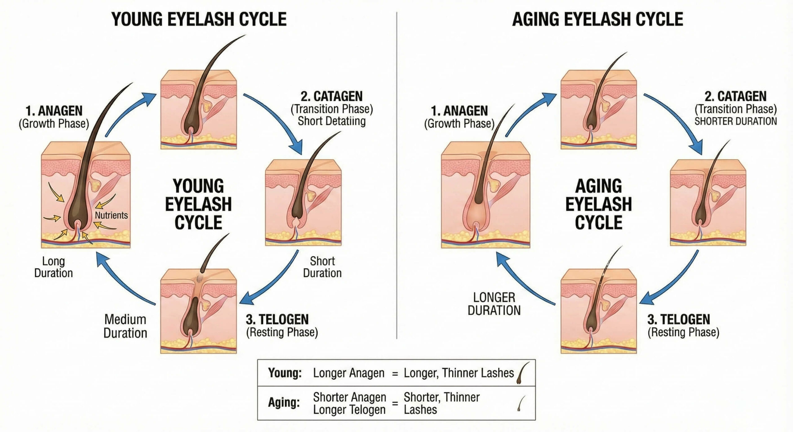 A diagram illustrating the "Eyelash Growth Cycle" (Anagen, Catagen, Telogen). It should visually demonstrate how the growth phase shortens with age, leading to shorter, thinner hairs.