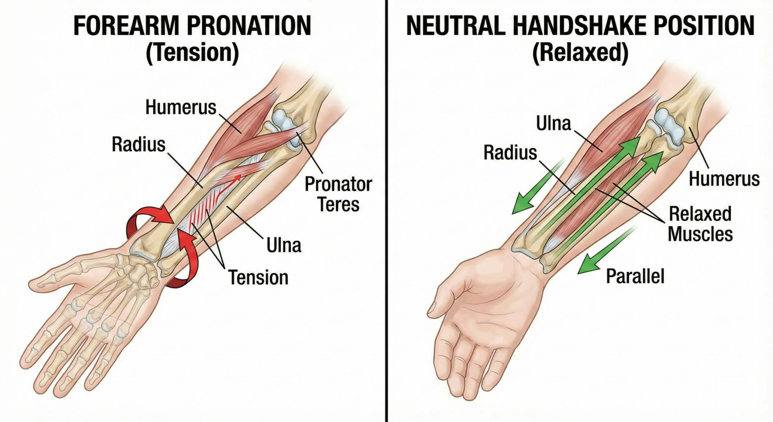 A comparative diagram showing "Forearm Pronation" (bones crossed, creating tension) vs. "Neutral Handshake Position" (bones parallel, relaxed).