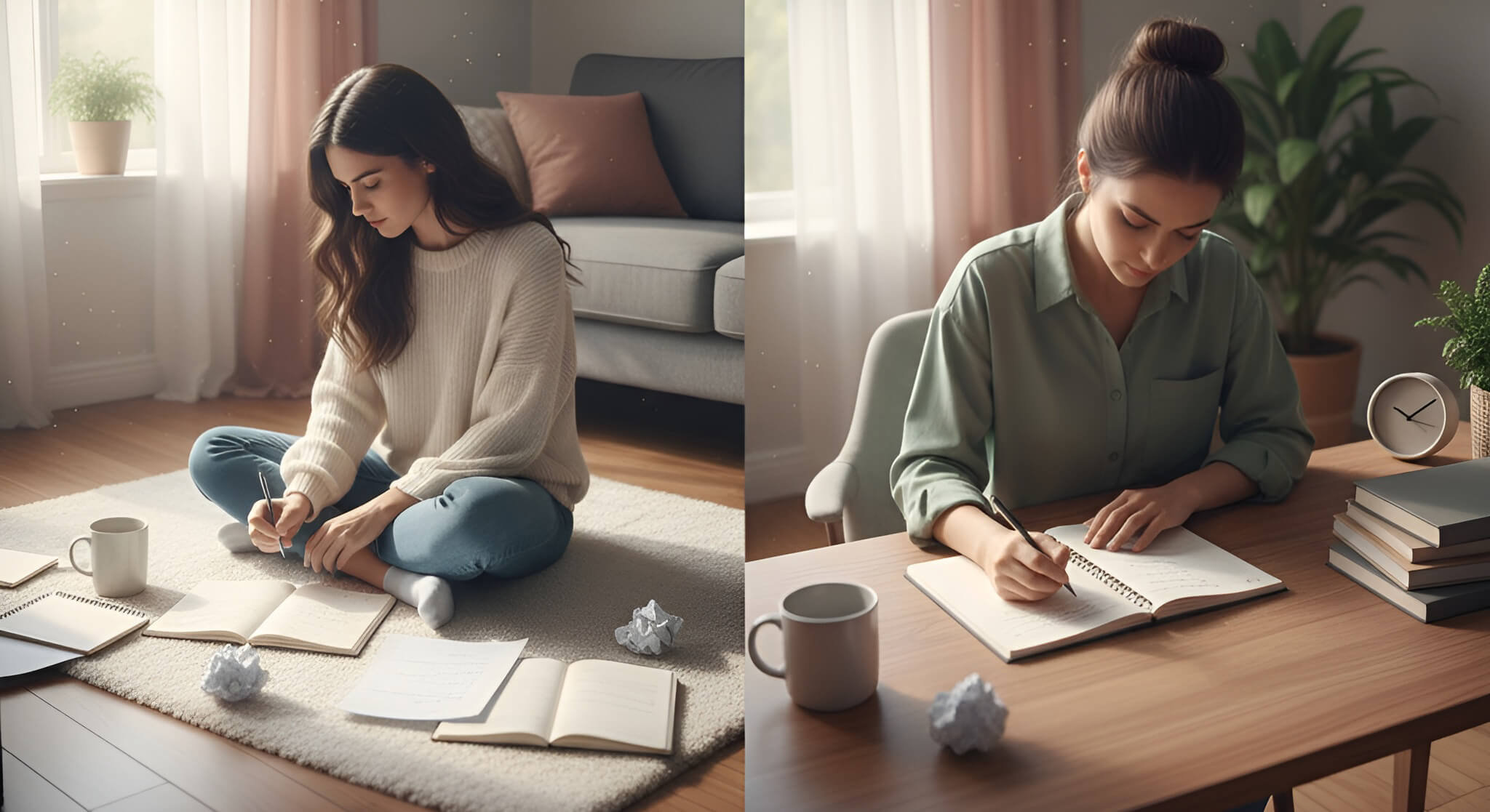 a comparison between free-writing and prompt journaling for self-reflection. One woman sits on the floor, surrounded by notebooks and crumpled paper, while another writes diligently at a desk, both engaged in thoughtful journaling.