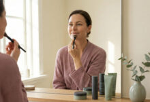 candid portrait captures a gorgeous woman in a dusty rose robe gently applying makeup to her smile lines in a sunlit bathroom, surrounded by sage green products.