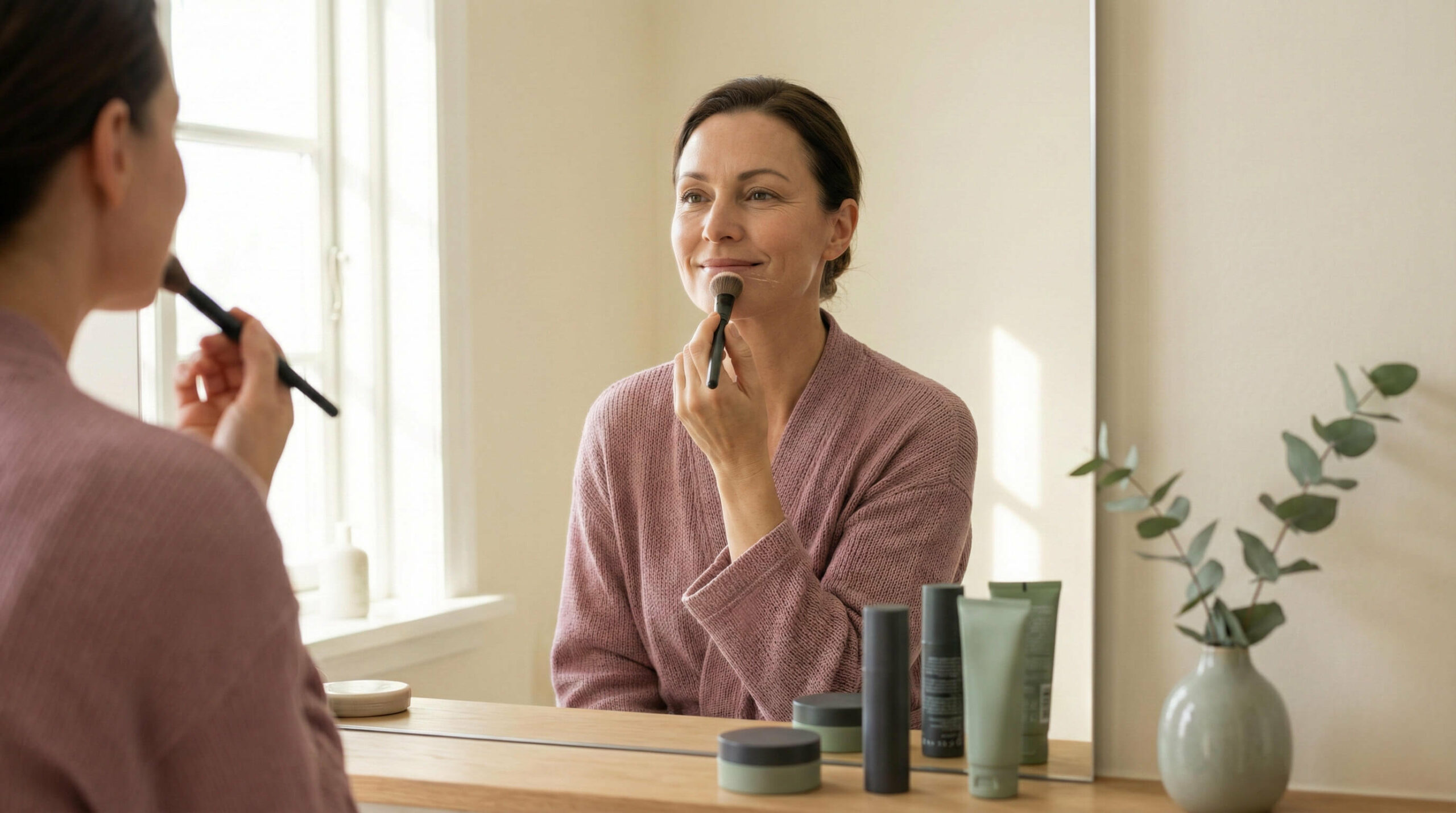 candid portrait captures a gorgeous woman in a dusty rose robe gently applying makeup to her smile lines in a sunlit bathroom, surrounded by sage green products.