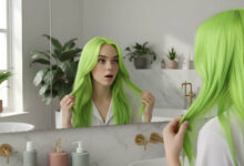 A young woman with vibrant neon green hair curiously examines her reflection in a bright, modern bathroom mirror.