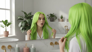 A young woman with vibrant neon green hair curiously examines her reflection in a bright, modern bathroom mirror.