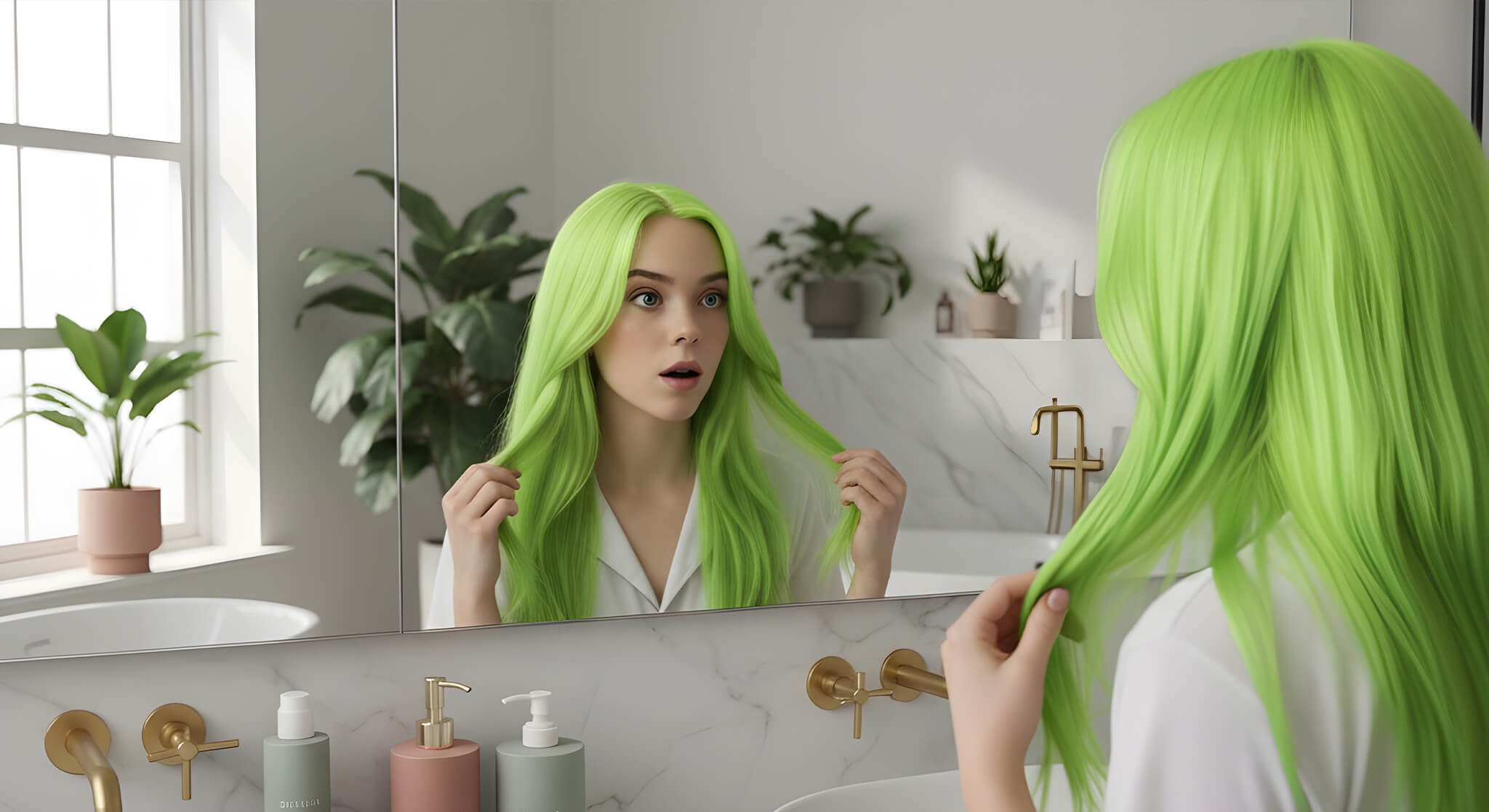 A young woman with vibrant neon green hair curiously examines her reflection in a bright, modern bathroom mirror.