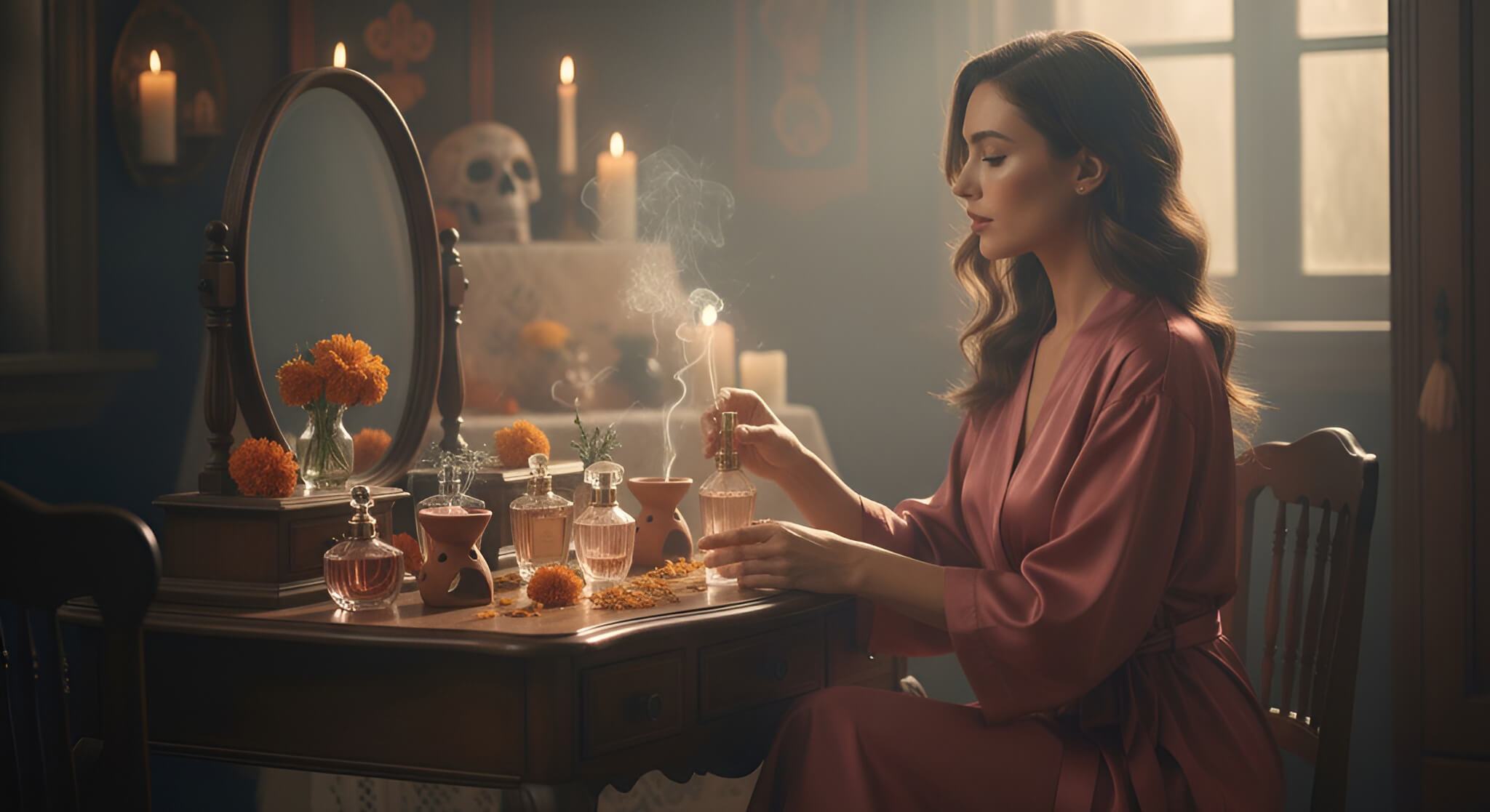 An ultra-wide angle shot of a woman layering perfume like a pro at her vanity, surrounded by various perfume bottles and rich marigold flowers, inspired by the scents of Dia de los Muertos 2025.