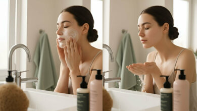 a woman performing a double cleanse routine in a bright bathroom, first applying a cleanser to her face and then rinsing with water, exploring if it's necessary for acne-prone skin.