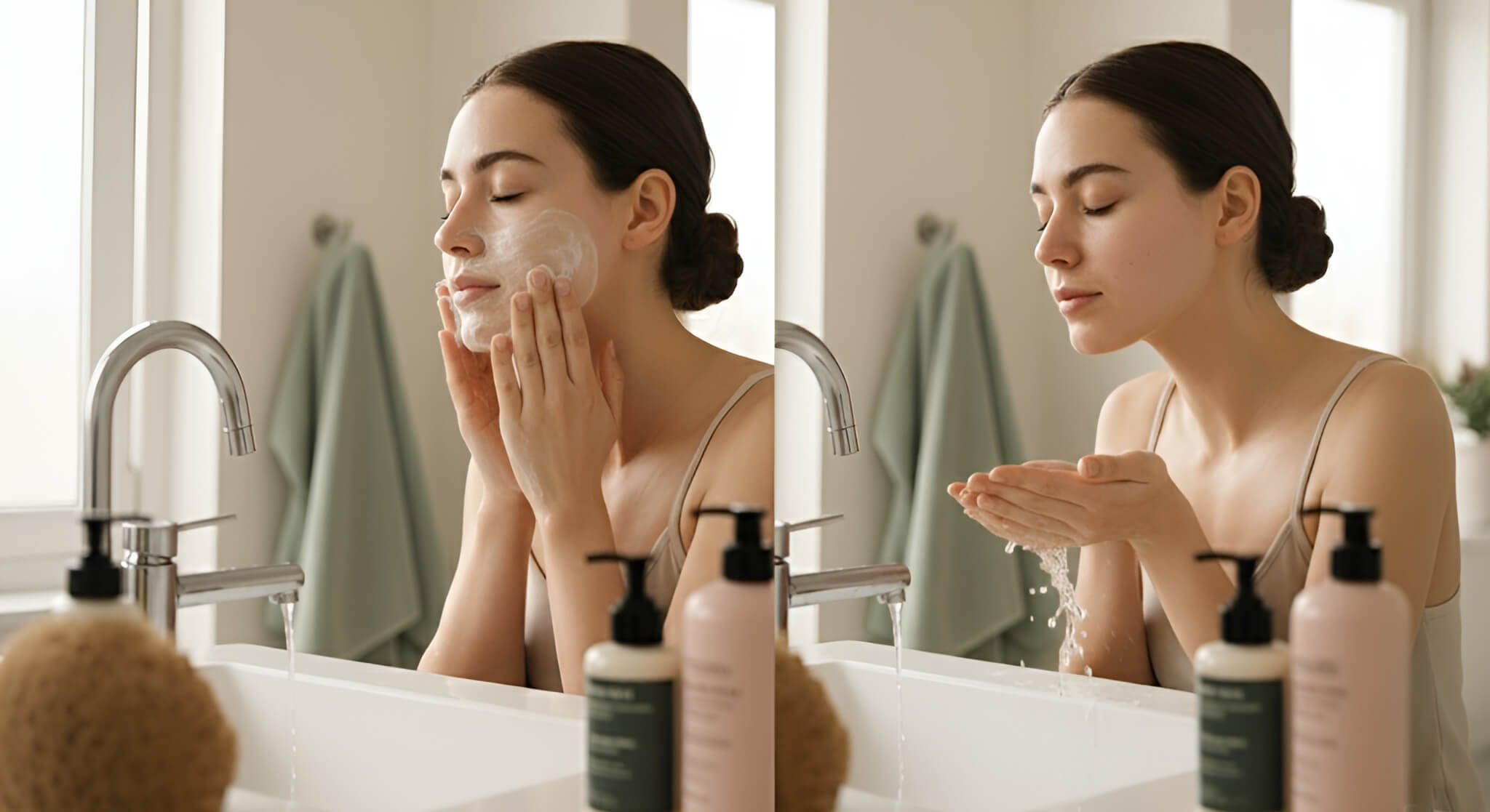 a woman performing a double cleanse routine in a bright bathroom, first applying a cleanser to her face and then rinsing with water, exploring if it's necessary for acne-prone skin.