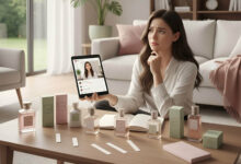 A thoughtful woman watches an online perfume review, surrounded by a collection of fragrance bottles in a cozy, bright room.