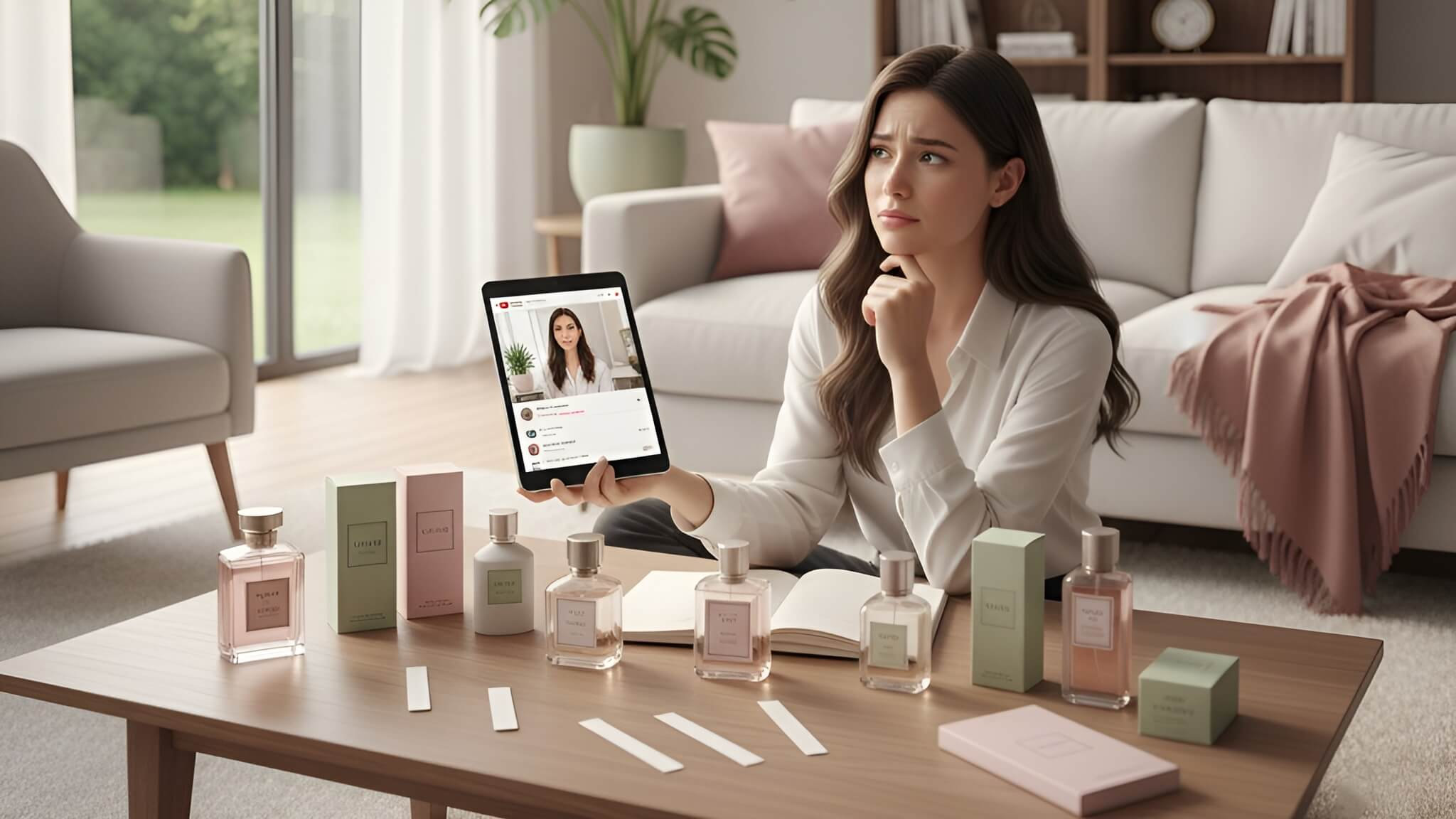 A thoughtful woman watches an online perfume review, surrounded by a collection of fragrance bottles in a cozy, bright room.