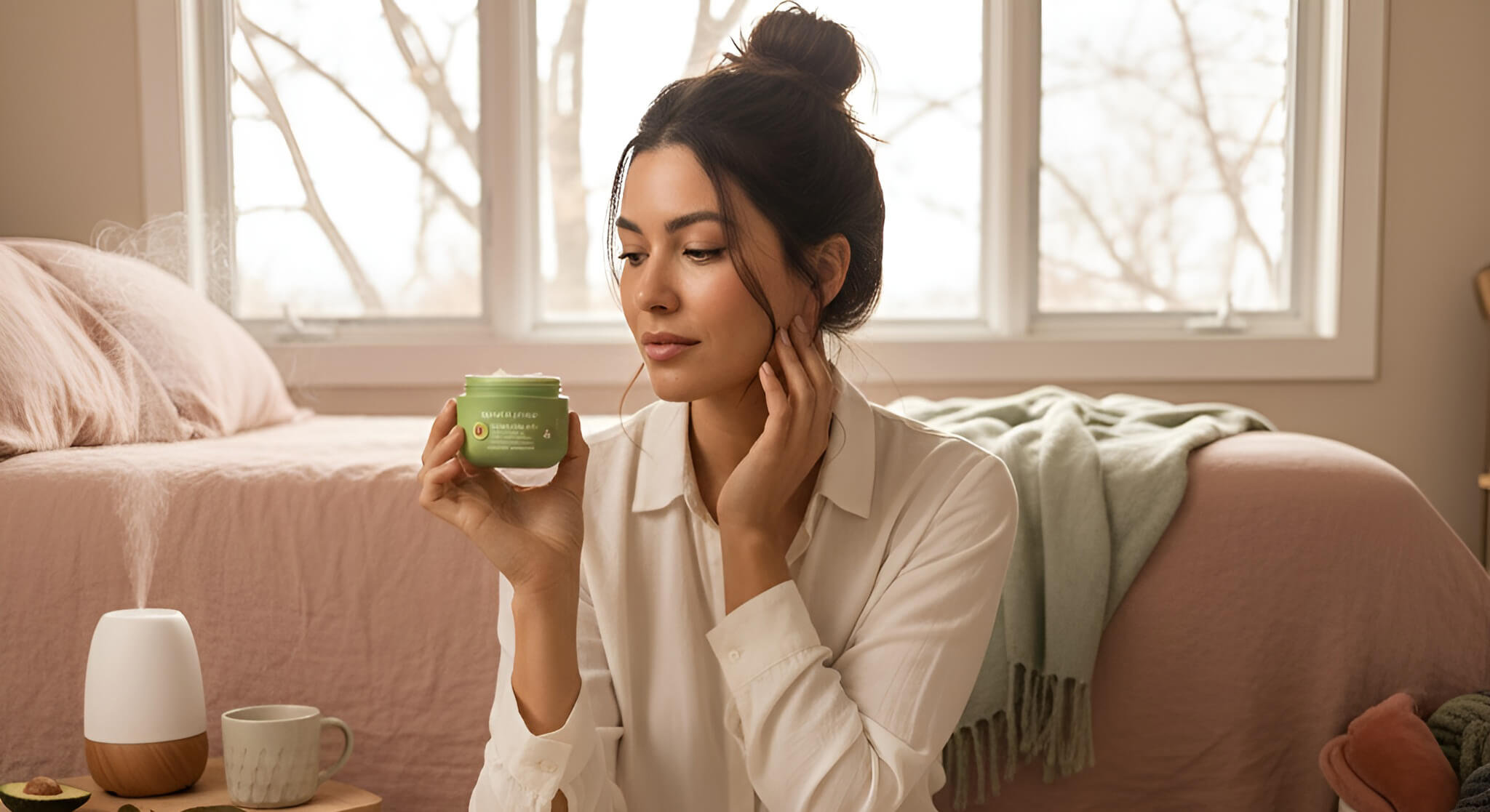 An ultra-wide angle photo of a woman in a bathroom with autumn decor, thoughtfully holding the Glow Recipe Avocado Melt Retinol Sleeping Mask, considering if it's right for dry autumn skin.