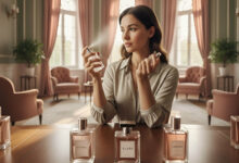 a woman in an elegant, sunlit room, thoughtfully experimenting with layering perfumes from different brands on her wrist, surrounded by various perfume bottles on a wooden table