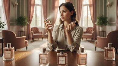 a woman in an elegant, sunlit room, thoughtfully experimenting with layering perfumes from different brands on her wrist, surrounded by various perfume bottles on a wooden table