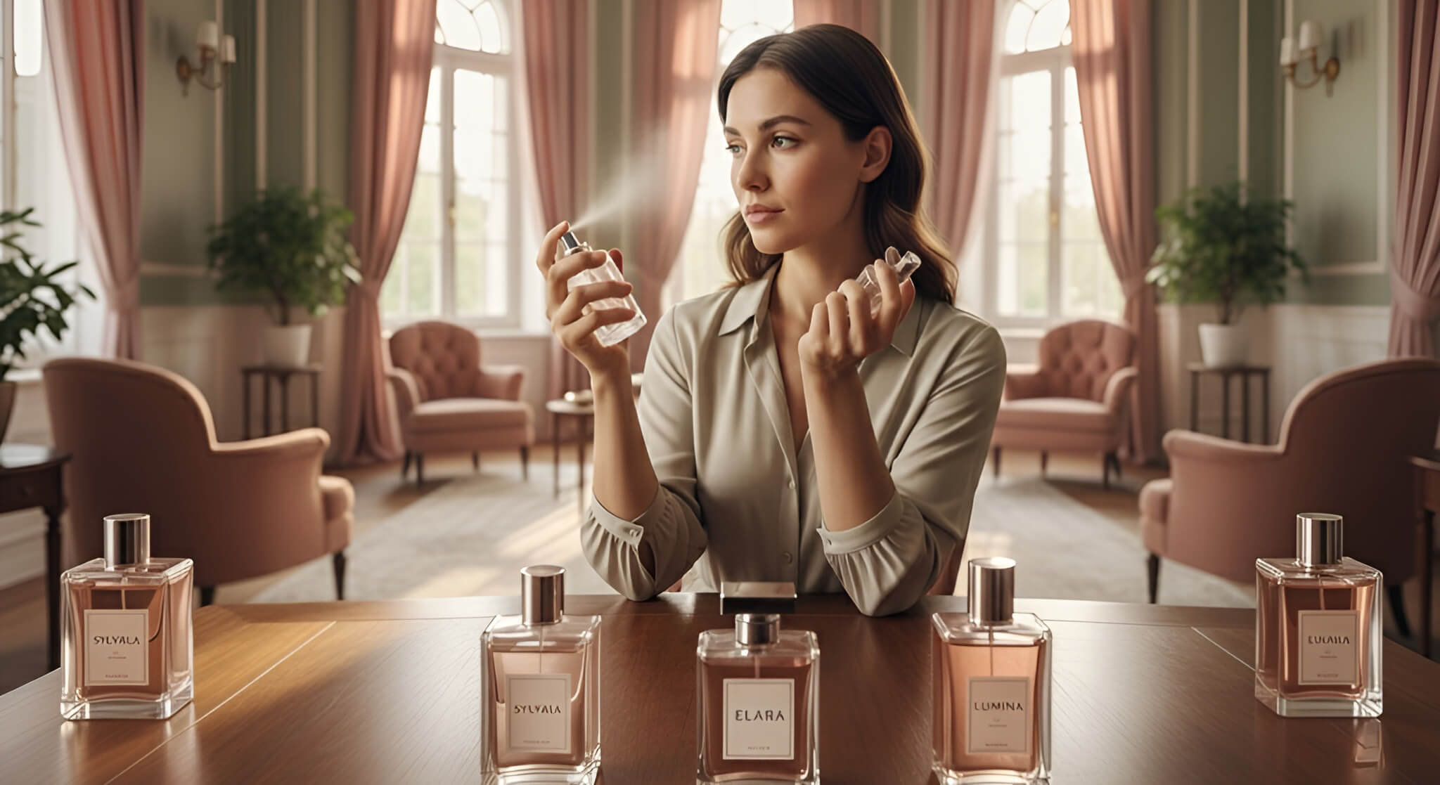 a woman in an elegant, sunlit room, thoughtfully experimenting with layering perfumes from different brands on her wrist, surrounded by various perfume bottles on a wooden table