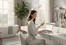 A skeptical woman examines a "bio-intelligent" skincare bottle in a bright, modern, and spacious bathroom.