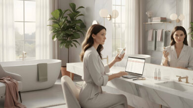 A skeptical woman examines a "bio-intelligent" skincare bottle in a bright, modern, and spacious bathroom.