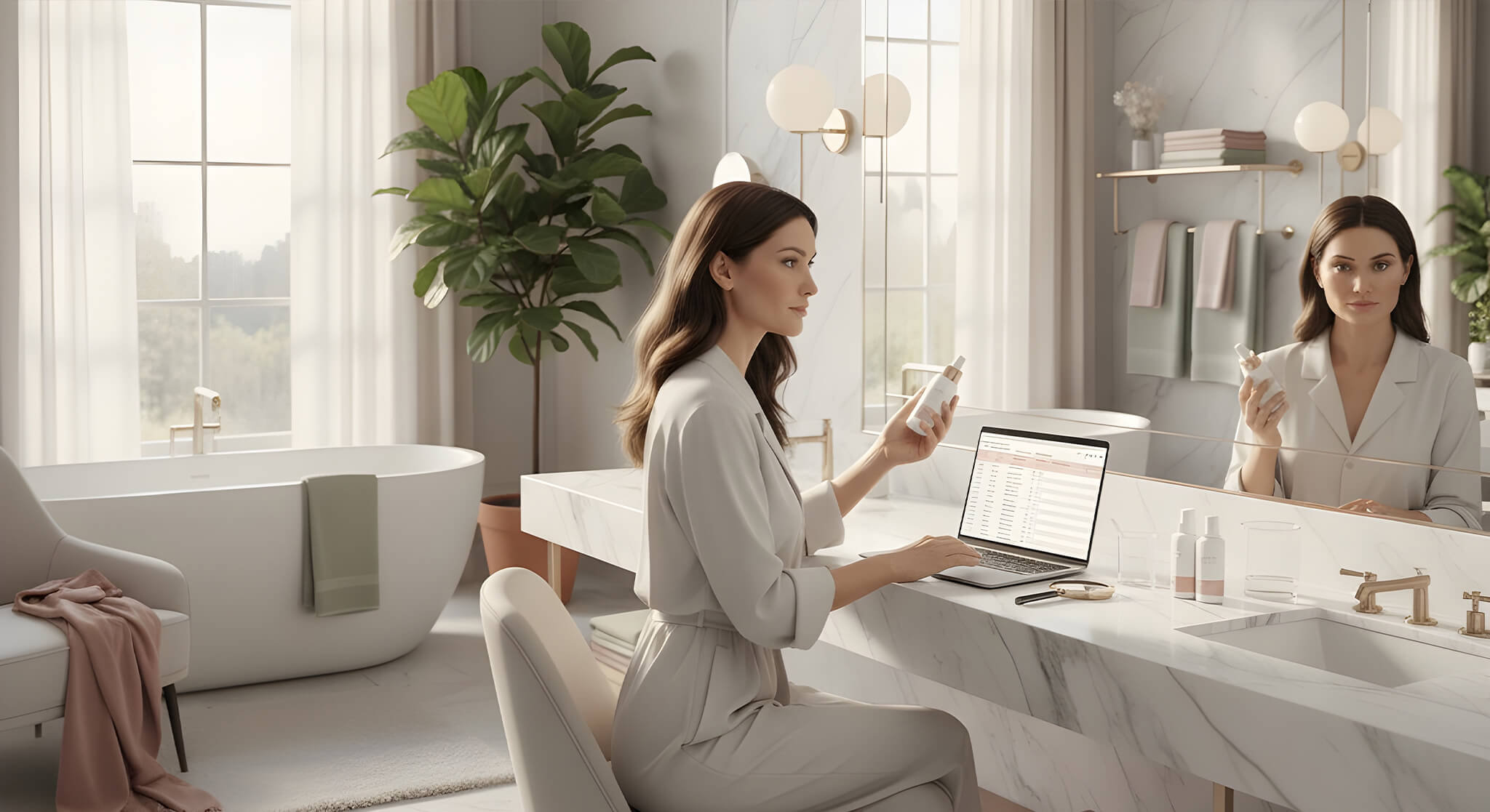 A skeptical woman examines a "bio-intelligent" skincare bottle in a bright, modern, and spacious bathroom.