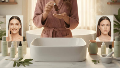 a woman in a bright, spacious room, thoughtfully comparing a skincare product with essential oil bottles, considering if using essential oils in skincare is a good idea