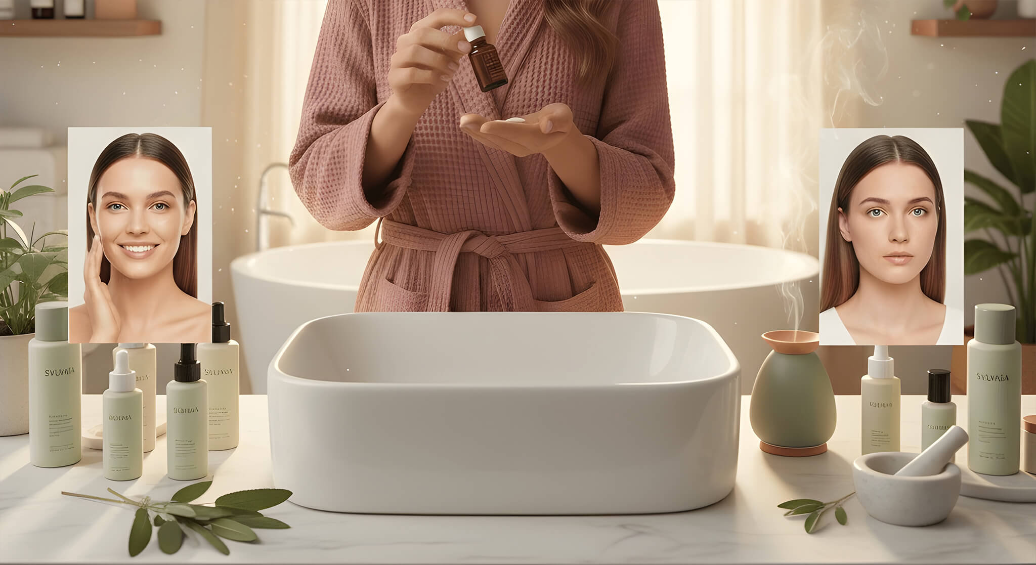 a woman in a bright, spacious room, thoughtfully comparing a skincare product with essential oil bottles, considering if using essential oils in skincare is a good idea