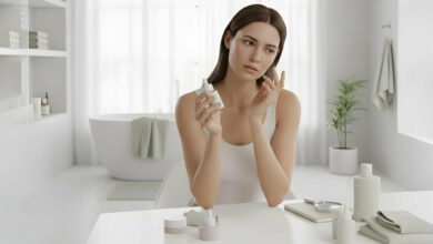 A thoughtful woman with slightly dehydrated skin examines a serum bottle, touching her cheek in a bright, modern bathroom.