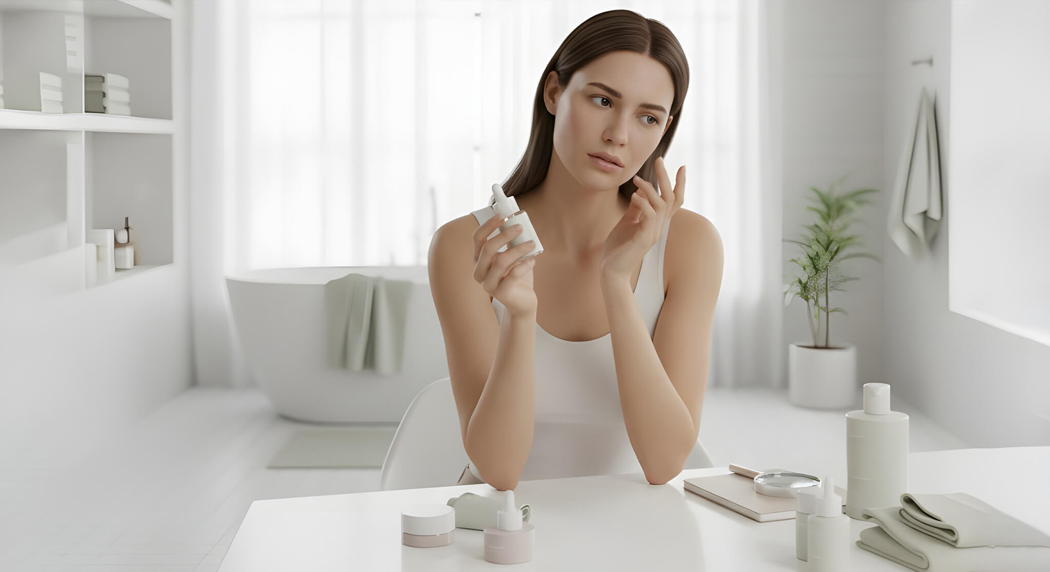 A thoughtful woman with slightly dehydrated skin examines a serum bottle, touching her cheek in a bright, modern bathroom.
