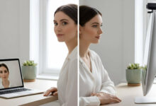 This is a split-image comparison showing a woman showcasing makeup on a video call. The left side displays the softer, slightly less sharp video quality from a built-in MacBook camera. The right side shows the superior, crystal-clear quality from a high-definition Logitech webcam, which captures sharper details and more accurate colors.