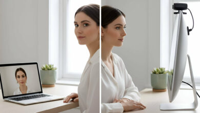 This is a split-image comparison showing a woman showcasing makeup on a video call. The left side displays the softer, slightly less sharp video quality from a built-in MacBook camera. The right side shows the superior, crystal-clear quality from a high-definition Logitech webcam, which captures sharper details and more accurate colors.