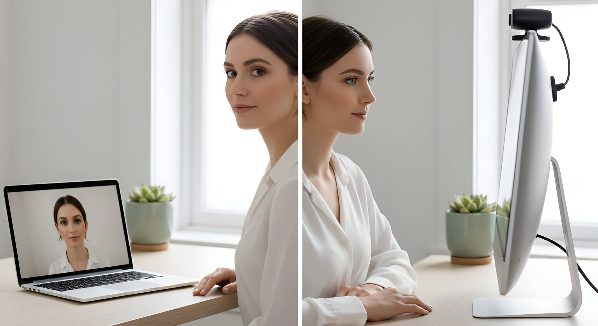 This is a split-image comparison showing a woman showcasing makeup on a video call. The left side displays the softer, slightly less sharp video quality from a built-in MacBook camera. The right side shows the superior, crystal-clear quality from a high-definition Logitech webcam, which captures sharper details and more accurate colors.
