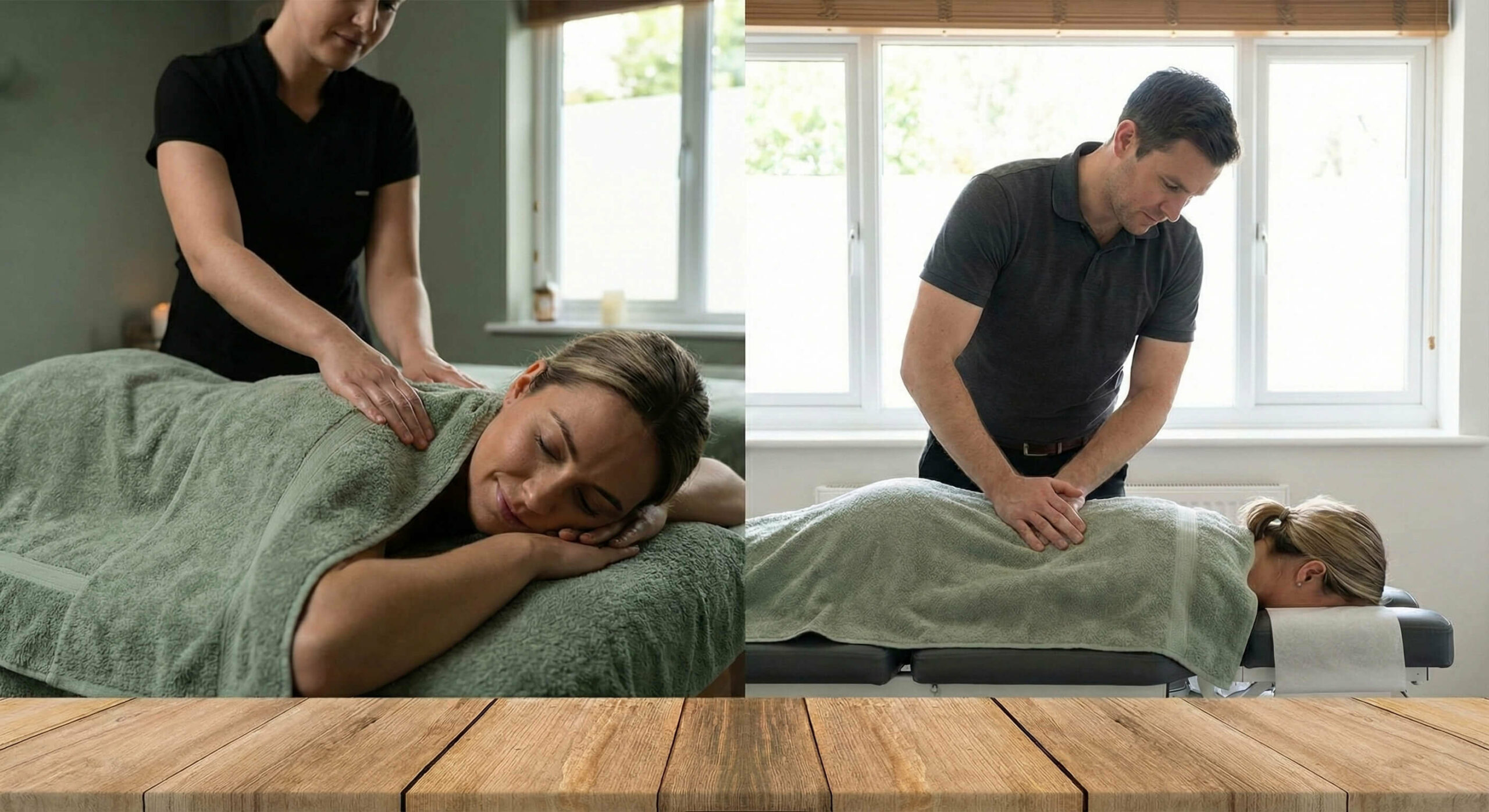 woman wearing a comfortable dusty rose sweater, smiling with relief as she gently stretches her back in a sunlit room with sage green accents