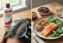 split-frame photograph contrasting a medicated shampoo treatment examining a flaky scalp on the left with a dietary approach featuring anti-inflammatory foods like salmon, nuts, and berries on the right, both presented on a sunlit wooden table