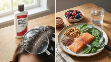 split-frame photograph contrasting a medicated shampoo treatment examining a flaky scalp on the left with a dietary approach featuring anti-inflammatory foods like salmon, nuts, and berries on the right, both presented on a sunlit wooden table
