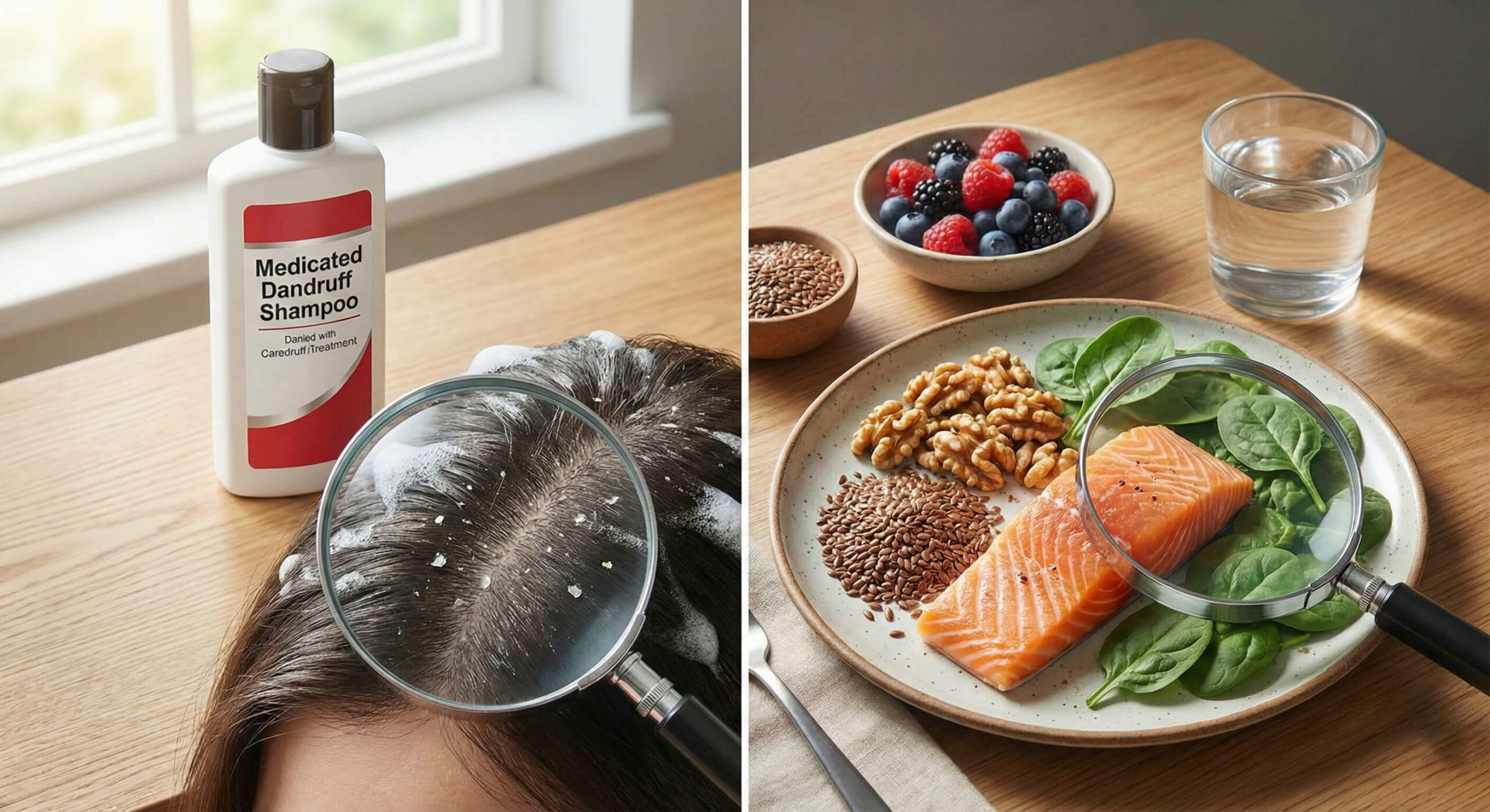 split-frame photograph contrasting a medicated shampoo treatment examining a flaky scalp on the left with a dietary approach featuring anti-inflammatory foods like salmon, nuts, and berries on the right, both presented on a sunlit wooden table