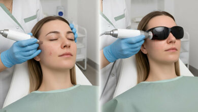 comparison of microneedling vs. fractional laser treatments for old acne scars, set in a professional dermatology clinic. On the left, an aesthetician performs microneedling on a patient's facial scars. On the right, a patient wearing protective goggles receives a fractional laser treatment, showing the different techniques for skin resurfacing. The patient wears a sage green gown