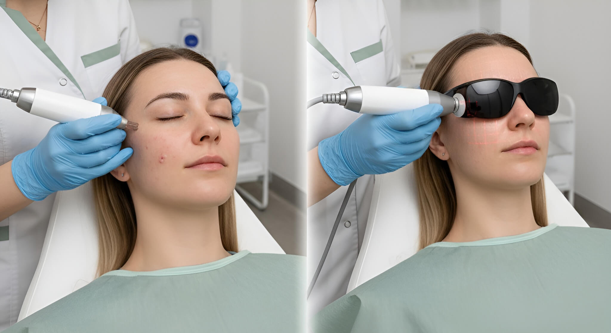 comparison of microneedling vs. fractional laser treatments for old acne scars, set in a professional dermatology clinic. On the left, an aesthetician performs microneedling on a patient's facial scars. On the right, a patient wearing protective goggles receives a fractional laser treatment, showing the different techniques for skin resurfacing. The patient wears a sage green gown