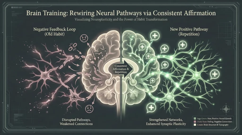 Scientific diagram showing how daily affirmations rewire brain neural pathways from negative to positive through neuroplasticity.