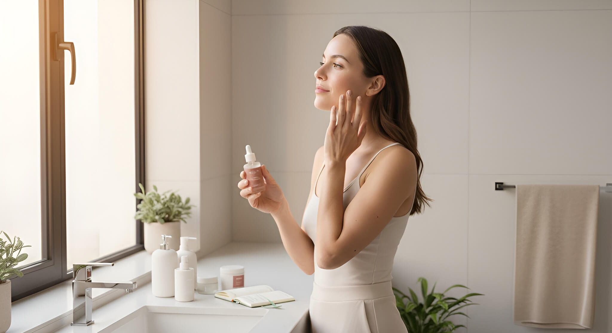A serene woman in her late 20s, Mia, applies serum to her clear, radiant skin in a bright, modern bathroom. Minimalist products and soft natural light create a calm atmosphere, suggesting confidence gained from a consistent self-care routine.